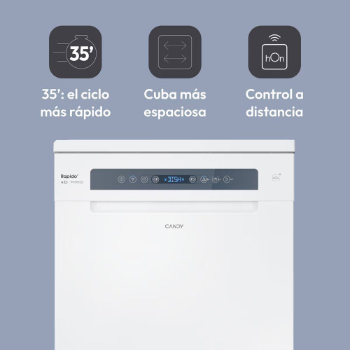 Lavavajillas Candy 14 servicios, Bandeja Cubiertos, 60 cm con WIFI Rapidó - CF 4C0F1W Blanco