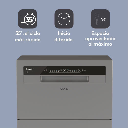Lavavajillas compacto Candy 6 servicios, 45 cm -CP 6E51LS Inox