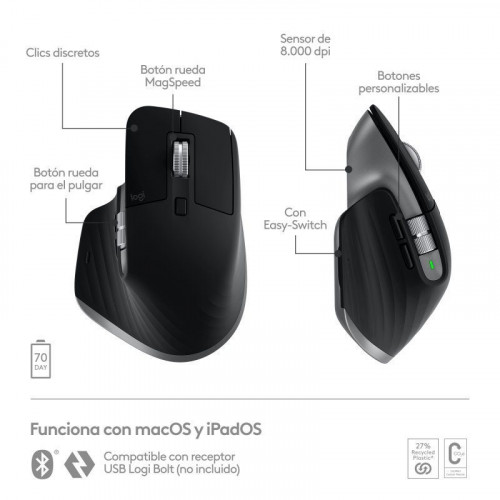 Logitech MX Master 3S para Mac, Apple, iPad, Funciona sobre cristal con Clics Silencioso, USB-C Negro