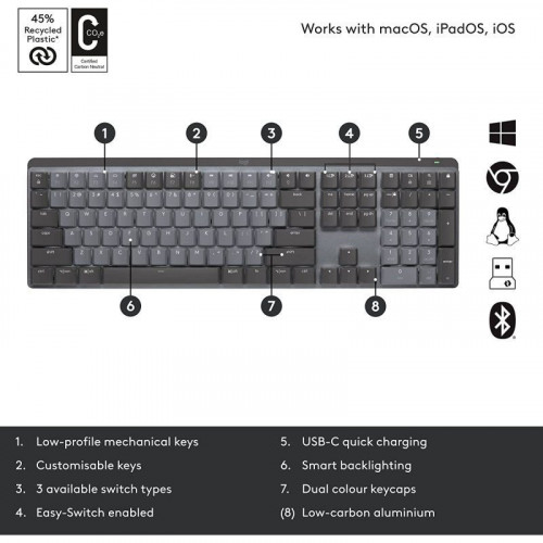 Logitech MX Mechanical Clicky Teclado Mecánico Inalámbrico Bluetooth Grafito QWERTY US International