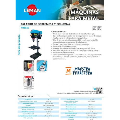 Maestro Ferretero leman Taladro de Sobremesa y Columna pre020