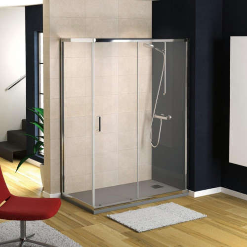 Mampara de ducha corredera 1 hoja fija + 1 puerta corredera Bosco. Perfil aluminio cromo. Ancho adaptable (157-161)x195 cm Cristal templado de seguridad transparente 6 mm. Cierre magnético.