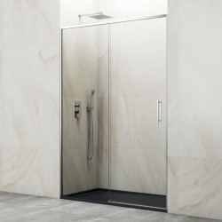 Mampara de ducha corredera 1 hoja fija + 1 puerta corredera Slim. Perfil aluminio cromo. Ancho adaptable (150-155)x195 cm Cristal templado de seguridad transparente. Cierre magnético GME