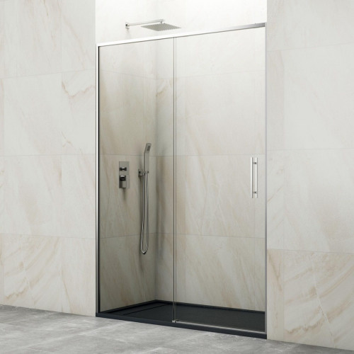 Mampara de ducha corredera 1 hoja fija + 1 puerta corredera Slim. Perfil aluminio cromo. Ancho adaptable (150-155)x195 cm Cristal templado de seguridad transparente. Cierre magnético GME