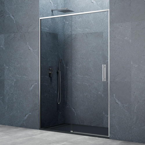 Mampara de ducha corredera 1 hoja fija + 1 puerta corredera Slim. Perfil aluminio cromo. Ancho adaptable (150-155)x195 cm Cristal templado de seguridad transparente. Cierre magnético GME