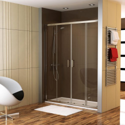 Mampara de ducha corredera 2 hojas fijas + 2 puertas correderas Bosco. Perfil aluminio cromo. Ancho adaptable (146-151)x195 cm Cristal templado de seguridad transparente 6mm. Cierre magnético.