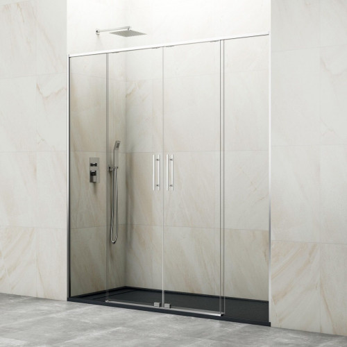 Mampara de ducha corredera 2 hojas fijas + 2 puertas correderas Slim. Perfil aluminio cromo. Ancho adaptable (151-161)x195 cm Cristal templado de seguridad transparente. Cierre magnético GME