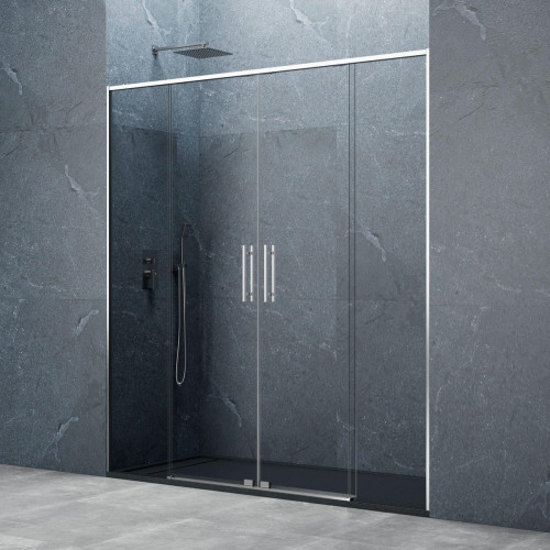 Mampara de ducha corredera 2 hojas fijas + 2 puertas correderas Slim. Perfil aluminio cromo. Ancho adaptable (151-161)x195 cm Cristal templado de seguridad transparente. Cierre magnético GME