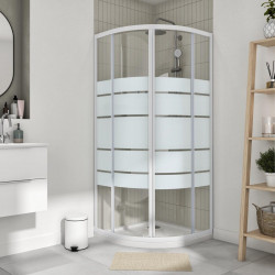 Mampara de ducha corredera en esquina curva Essential perfil aluminio blanco (72.5-74)x(72.5-74)x185 cm cristal templado de seguridad serigrafiado 4 mm espesor con guía inferior Sensea