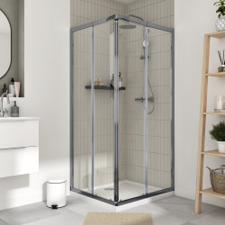 Mampara de ducha corredera en esquina rectangular Essential perfil aluminio cromo (67.5-79)x(87.5-99)x185 cm cristal templado de seguridad transparente 4 mm espesor con guía inferior Sensea