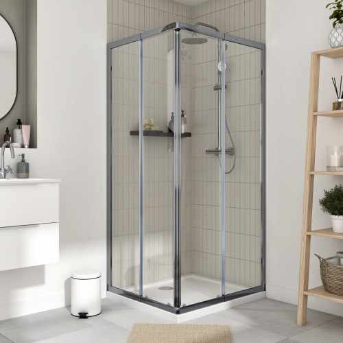 Mampara de ducha corredera en esquina rectangular Essential perfil aluminio cromo (67.5-79)x(87.5-99)x185 cm cristal templado de seguridad transparente 4 mm espesor con guía inferior Sensea