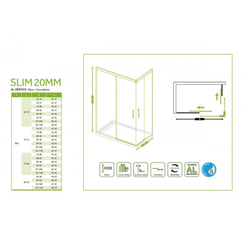 Mampara de ducha corredera transparente Slim perfil negro (65-70)x(65-70)x195 cm 6 mm