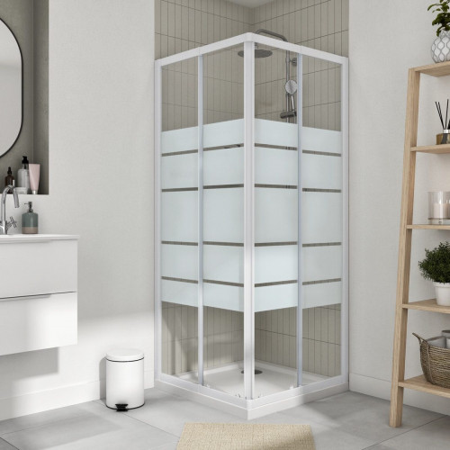 Mampara de ducha en esquina cuadrada corredera serigrafiado Essential perfil aluminio blanco (77.5-89)x(77.5-89)x185 cm cristal 4 mm con guía inferior marca Sensea