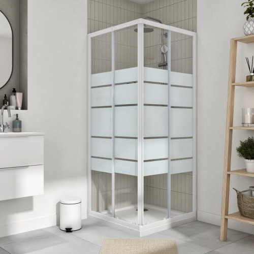 Mampara de ducha en esquina cuadrada corredera serigrafiado Essential perfil aluminio blanco (77.5-89)x(77.5-89)x185 cm cristal 4 mm con guía inferior marca Sensea
