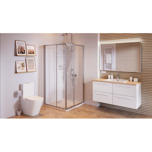 Mampara de ducha en esquina cuadrada corredera transparente Essential perfil aluminio cromo (77.5-89)x(77.5-89)x185 cm cristal 4 mm con guía inferior marca Sensea