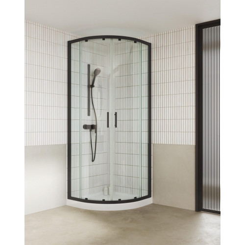 Mampara de ducha en esquina curva corredera transparente Alpine perfil aluminio negro (76.5-79)x(76.5-79)x200 cm cristal 6 mm con guía inferior marca Roca