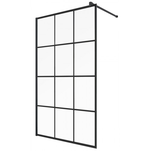 Mampara de ducha fija Cool Factory I perfil aluminio negro (120-121.5)x200 cm cristal templado 6mm serigrafiado antical reversible. Barra fijación muro recortable incluida Vanguard