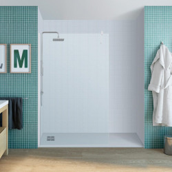 Mampara de ducha fija Cool perfil aluminio cromo (110)x200 cm cristal templado 8mm transparente antical reversible. Barra fijación muro o techo recortable incluida Vanguard