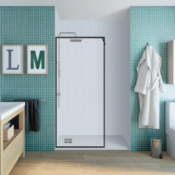 Mampara de ducha fija Cool perfil aluminio negro (100)x200 cm cristal templado 8mm transparente antical reversible. Barra fijación muro o techo recortable incluida Vanguard