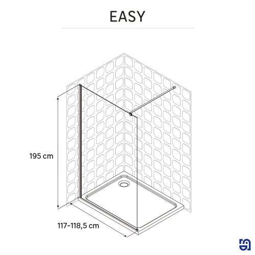 Mampara de ducha fija Easy perfil aluminio cromo (117-118.5)x195 cm cristal templado 6mm transparente reversible. Barra fijación muro o techo recortable incluida Sensea