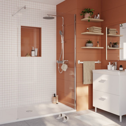 Mampara de ducha fija Easy perfil aluminio cromo (117-118.5)x195 cm cristal templado 6mm transparente reversible. Barra fijación muro o techo recortable incluida Sensea