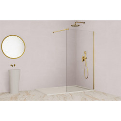 Mampara de ducha fija Fix perfil acero inoxidable dorado (118-120)x195 cm Cristal templado 8mm transparente antical reversible. Barra fijación a muro recortable incluida GME