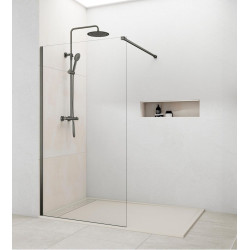 Mampara de ducha fija Fix perfil acero inoxidable gris (96.5-98)x195 cm Cristal templado 8mm transparente antical reversible. Barra fijación a muro recortable incluida GME