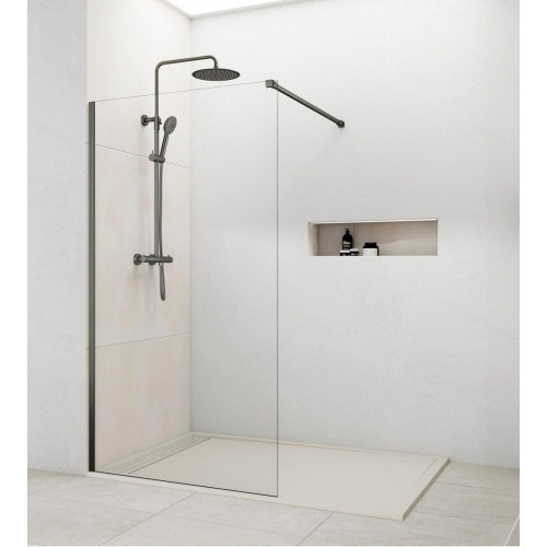 Mampara de ducha fija Fix perfil acero inoxidable gris (96.5-98)x195 cm Cristal templado 8mm transparente antical reversible. Barra fijación a muro recortable incluida GME