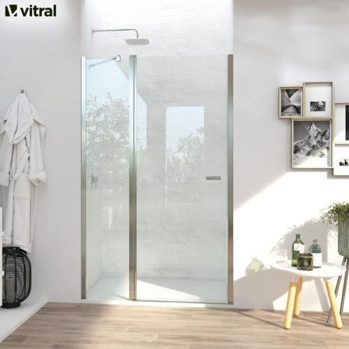 Mampara de ducha frontal 1 fijo + 1 puerta batiente transparente Open perfil aluminio cromo (105-109)x195 cm cristal 6mm cierre magnético sin guía inferior marca Glassinox