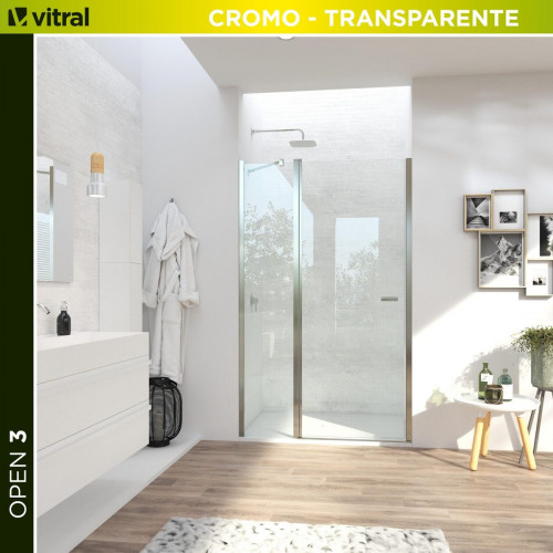 Mampara de ducha frontal 1 fijo + 1 puerta batiente transparente Open perfil aluminio cromo (105-109)x195 cm cristal 6mm cierre magnético sin guía inferior marca Glassinox
