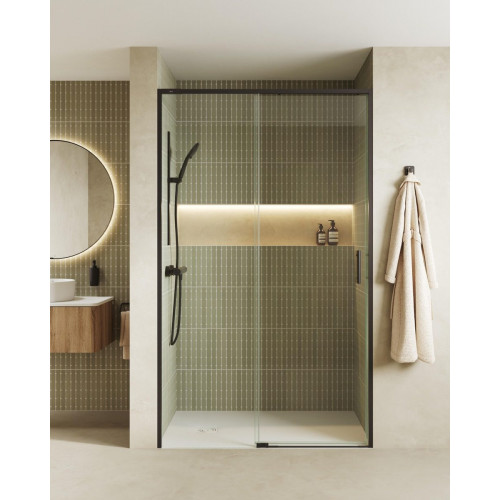 Mampara de ducha frontal 1 fijo + 1 puerta corredera transparente Alpine perfil aluminio negro (152.1-162)x200 cm cristal 6mm cierre de sobreponer sin guía inferior Roca