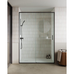 Mampara de ducha frontal 1 fijo + 1 puerta corredera transparente Alpine perfil aluminio negro (162.1-172)x200 cm cristal 6mm cierre de sobreponer Roca