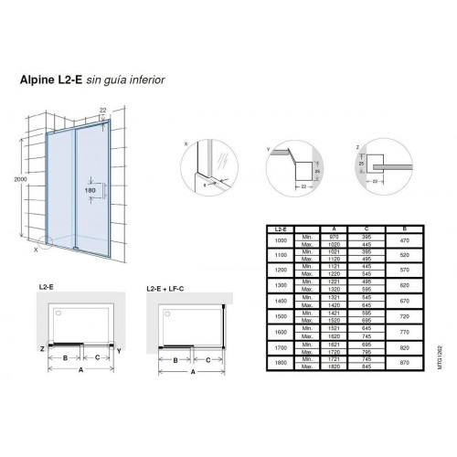 Mampara de ducha frontal 1 fijo + 1 puerta corredera transparente Alpine perfil aluminio negro (152.1-162)x200 cm cristal 6mm cierre de sobreponer sin guía inferior Roca