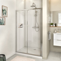 Mampara de ducha frontal 1 fijo + 1 puerta corredera transparente Essential perfil aluminio cromo (117-120)x185 cm cristal 4 mm cierre magnético con guía inferior marca Sensea