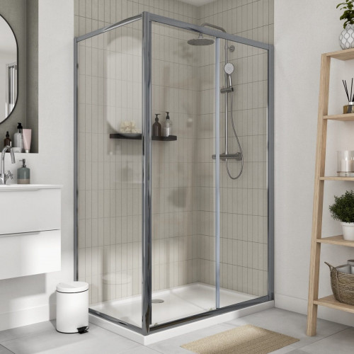 Mampara de ducha frontal 1 fijo + 1 puerta corredera transparente Essential perfil aluminio cromo (117-120)x185 cm cristal 4 mm cierre magnético con guía inferior marca Sensea
