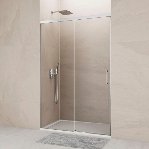 Mampara de ducha frontal 1 fijo + 1 puerta corredera transparente Noa perfil aluminio cromo (155-160)x195 cm cierre de sobreponer marca GME