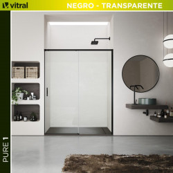 Mampara de ducha frontal 1 fijo + 1 puerta corredera transparente Pure perfil aluminio negro (118-122)x198 cm cristal 6mm cierre magnético sin guía inferior marca Glassinox