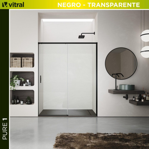 Mampara de ducha frontal 1 fijo + 1 puerta corredera transparente Pure perfil aluminio negro (118-122)x198 cm cristal 6mm cierre magnético sin guía inferior marca Glassinox