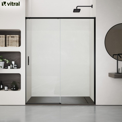 Mampara de ducha frontal 1 fijo + 1 puerta corredera transparente Pure perfil aluminio negro (118-122)x198 cm cristal 6mm cierre magnético sin guía inferior marca Glassinox