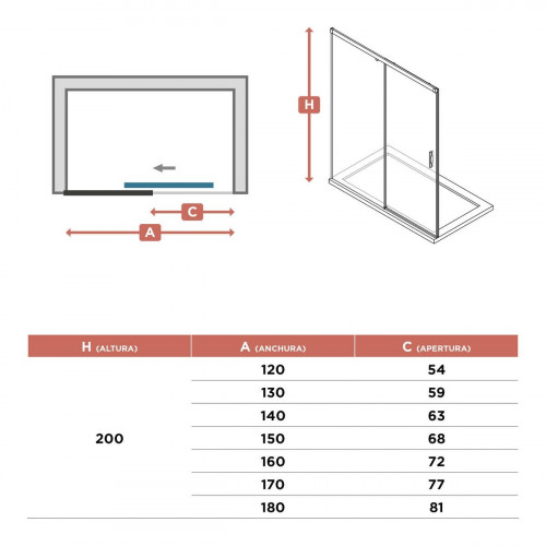 Mampara de ducha frontal 1 fijo + 1 puerta corredera transparente Tala perfil aluminio cromo (111-120)x200 cm cristal 6mm cierre magnético sin guía inferior marca Glassinox