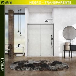 Mampara de ducha frontal 1 fijo + 1 puerta corredera transparente Vitria perfil aluminio negro (145-150)x199.2 cm cierre de sobreponer marca Glassinox