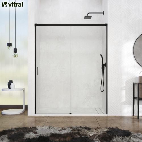 Mampara de ducha frontal 1 fijo + 1 puerta corredera transparente Vitria perfil aluminio negro (145-150)x199.2 cm cierre de sobreponer marca Glassinox
