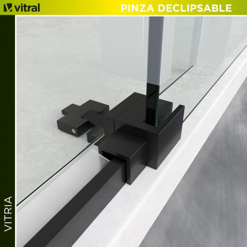Mampara de ducha frontal 1 fijo + 1 puerta corredera transparente Vitria perfil aluminio negro (145-150)x199.2 cm cierre de sobreponer marca Glassinox