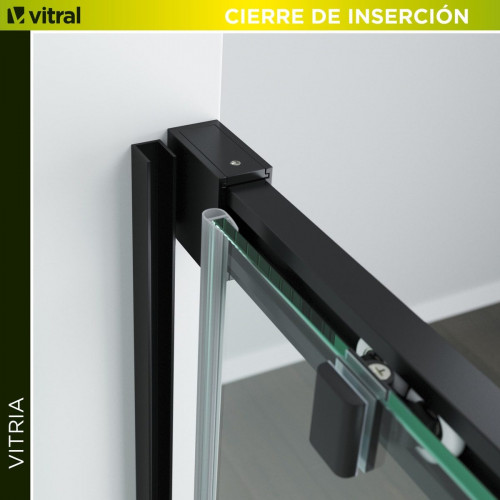 Mampara de ducha frontal 1 fijo + 1 puerta corredera transparente Vitria perfil aluminio negro (145-150)x199.2 cm cierre de sobreponer marca Glassinox