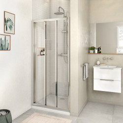 Mampara de ducha frontal 1 fijo + 2 puertas corredera transparente Essential perfil aluminio cromo (97-100)x185 cm cristal 4 mm cierre magnético con guía inferior marca Sensea
