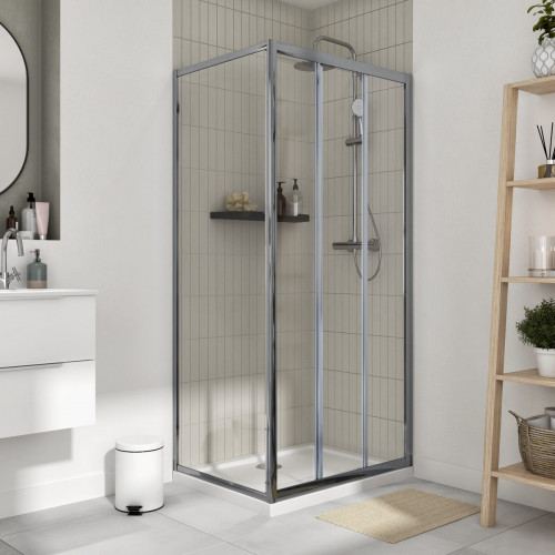 Mampara de ducha frontal 1 fijo + 2 puertas corredera transparente Essential perfil aluminio cromo (97-100)x185 cm cristal 4 mm cierre magnético con guía inferior marca Sensea