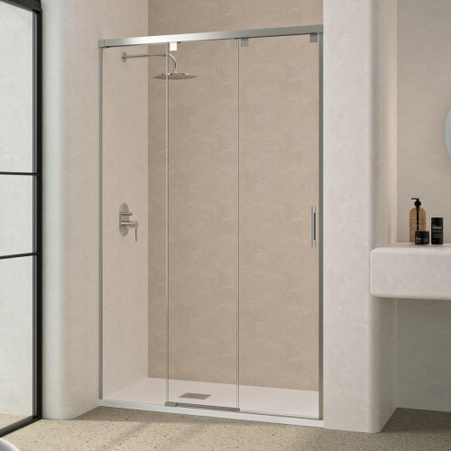 Mampara de ducha frontal 1 fijo + 2 puertas corredera transparente Tovar perfil aluminio plata (111-115)x195 cm cristal 6mm cierre magnético sin guía inferior marca Doccia