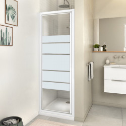 Mampara de ducha frontal 1 puerta batiente Essential. Perfil aluminio blanco. Ancho adaptable (67-70)x185 cm cristal templado de seguridad serigrafiado 4 mm. Cierre magnético con guía inferior Sensea