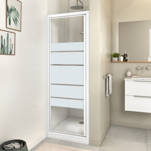 Mampara de ducha frontal 1 puerta batiente Essential. Perfil aluminio blanco. Ancho adaptable (67-70)x185 cm cristal templado de seguridad serigrafiado 4 mm. Cierre magnético con guía inferior Sensea