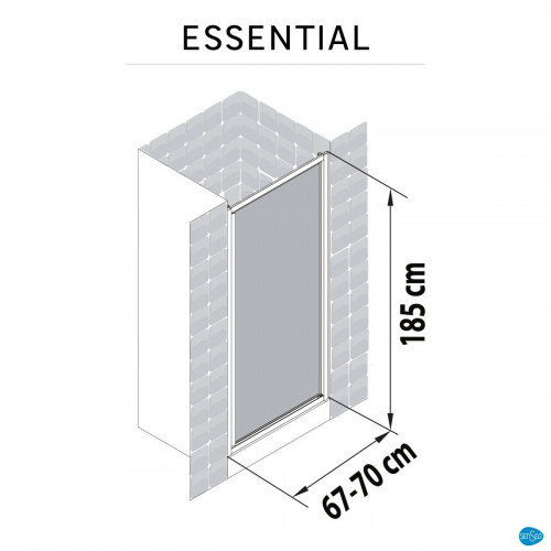 Mampara de ducha frontal 1 puerta batiente Essential. Perfil aluminio blanco. Ancho adaptable (67-70)x185 cm cristal templado de seguridad serigrafiado 4 mm. Cierre magnético con guía inferior Sensea